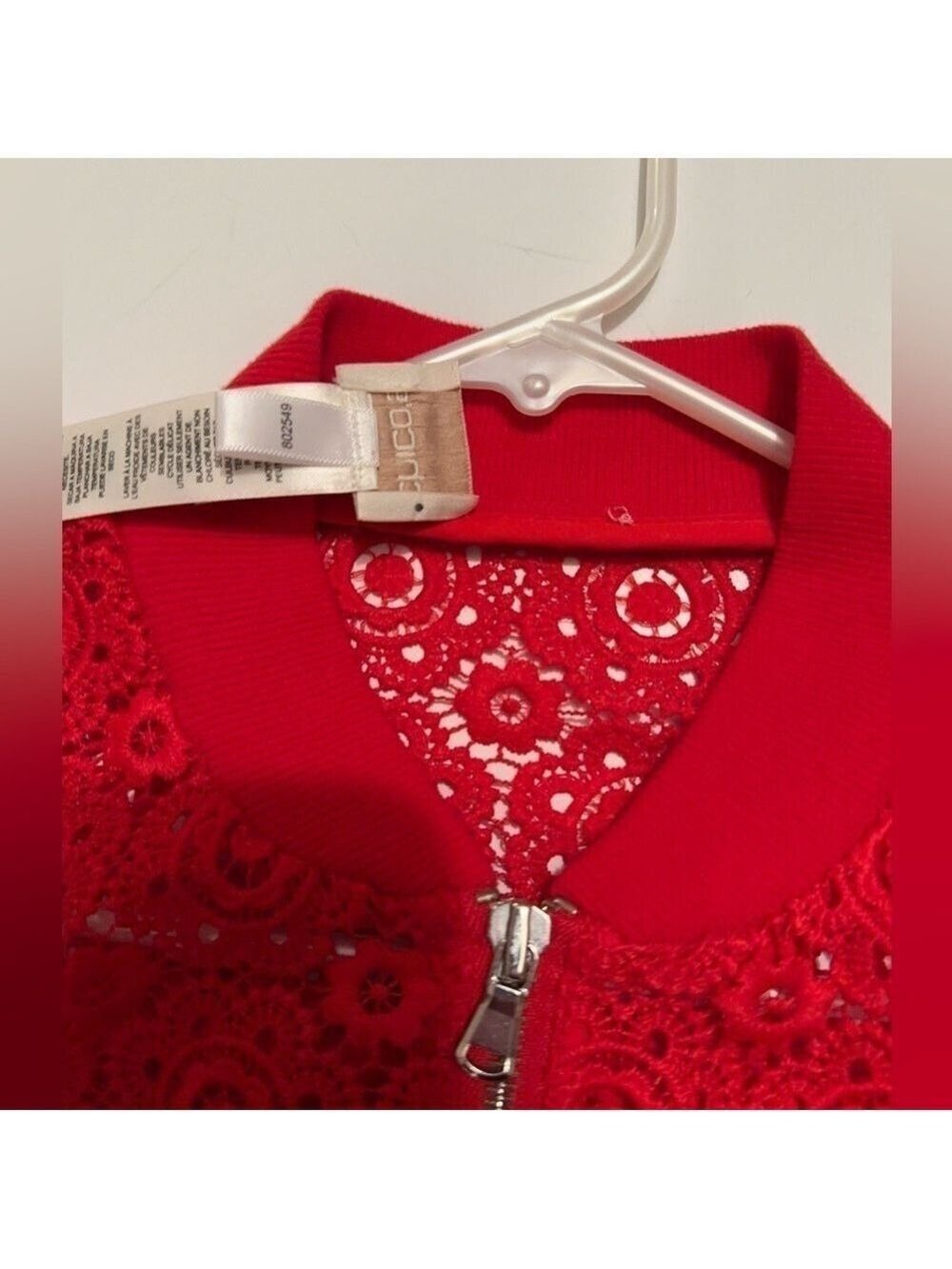 Chico’s Red Sheer Fancy Crochet Lace Blazer, Womens 4 - Chicos Size 0 BEAUTIFUL! - Picture 13 of 16